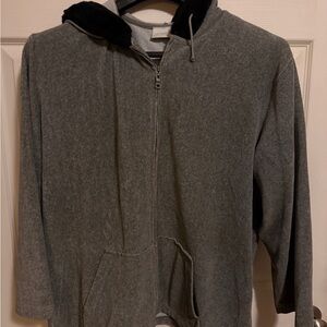 Women’s Liz Claiborne Gray Hooded Sweater with Fluffy Black on the Hood.